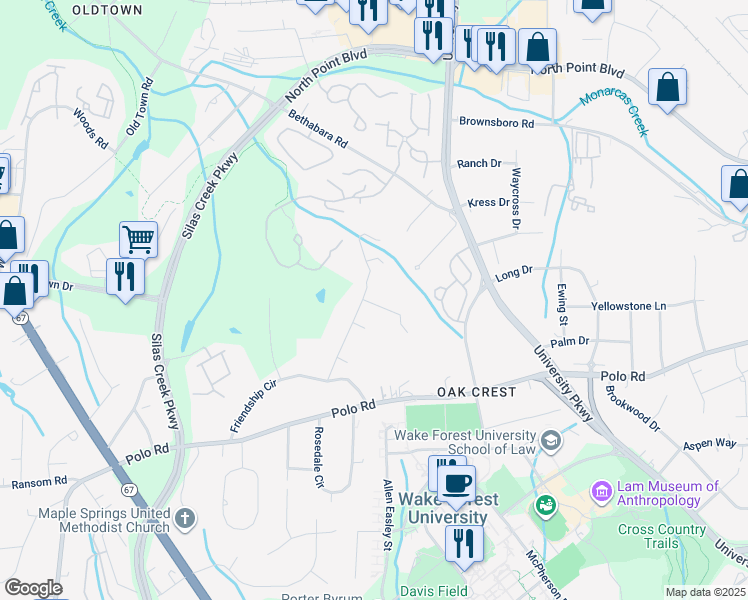 map of restaurants, bars, coffee shops, grocery stores, and more near 193 Idlewild Drive in Winston-Salem