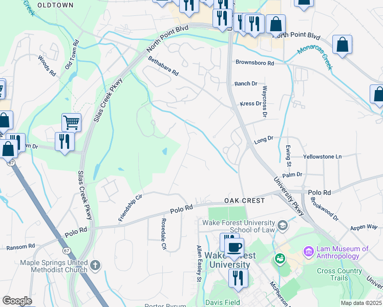 map of restaurants, bars, coffee shops, grocery stores, and more near 193 Idlewild Drive in Winston-Salem