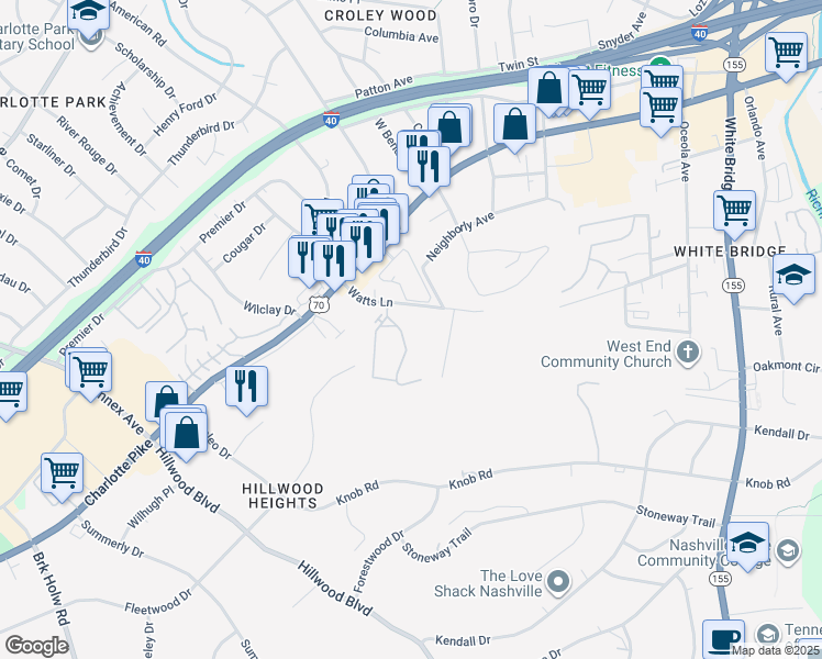 map of restaurants, bars, coffee shops, grocery stores, and more near 913 Watts Circle in Nashville
