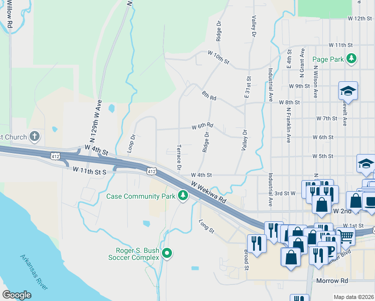 map of restaurants, bars, coffee shops, grocery stores, and more near 419 Terrace Drive in Sand Springs