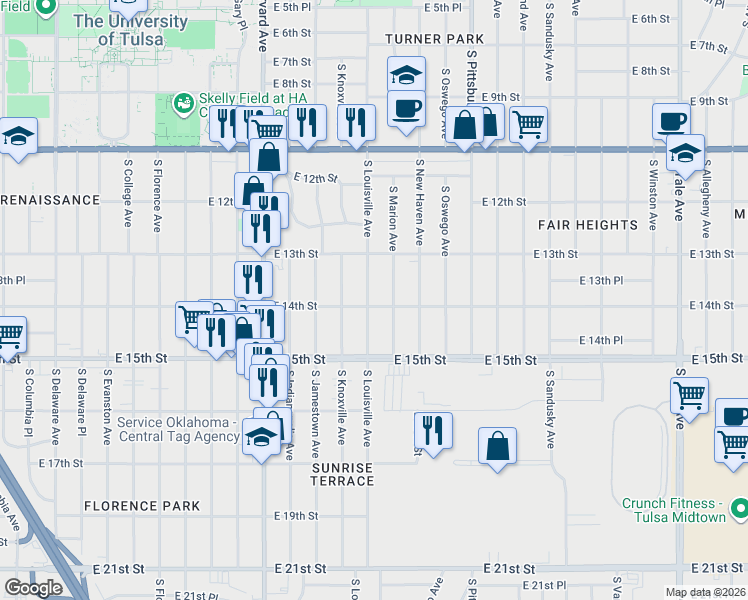 map of restaurants, bars, coffee shops, grocery stores, and more near 1343 South Louisville Avenue in Tulsa