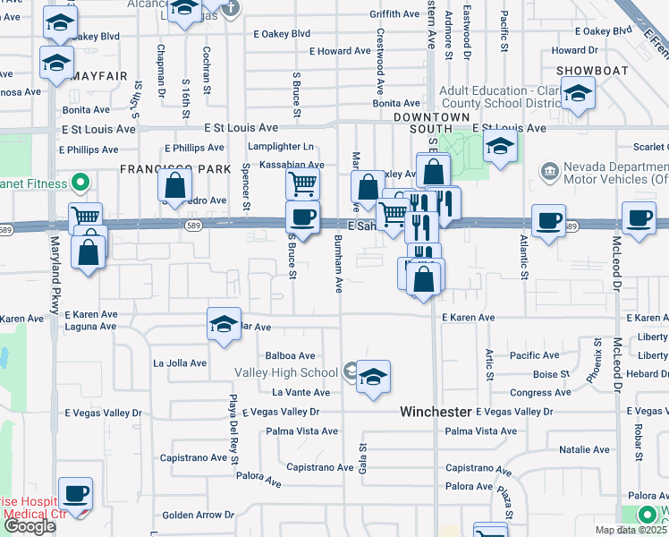map of restaurants, bars, coffee shops, grocery stores, and more near 2077 East Sahara Avenue in Las Vegas