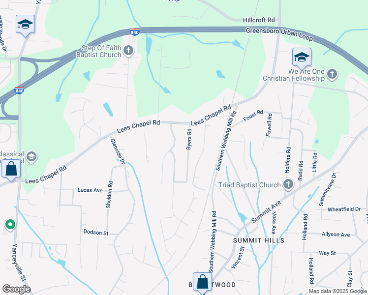 map of restaurants, bars, coffee shops, grocery stores, and more near 4727 Byers Road in Greensboro