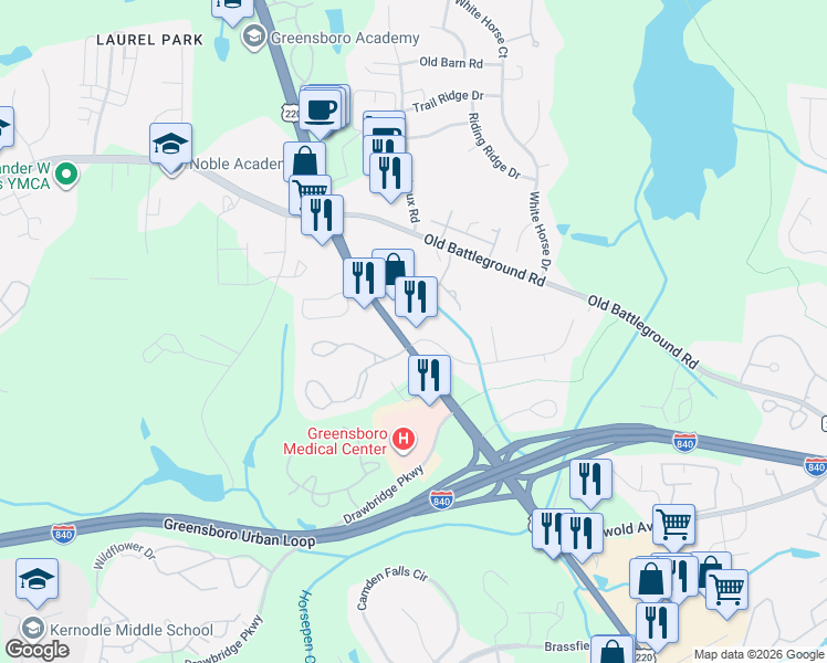 map of restaurants, bars, coffee shops, grocery stores, and more near 3900 Battleground Avenue in Greensboro