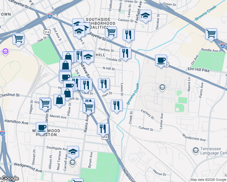 map of restaurants, bars, coffee shops, grocery stores, and more near 22 Hart Street in Nashville