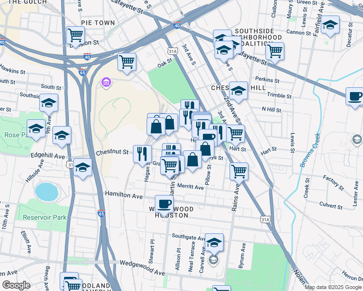 map of restaurants, bars, coffee shops, grocery stores, and more near 1214 Martin Street in Nashville