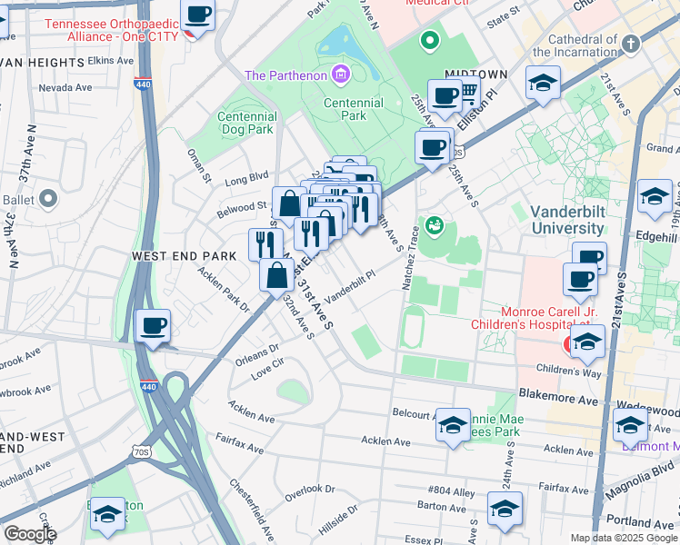 map of restaurants, bars, coffee shops, grocery stores, and more near 117 30th Avenue South in Nashville