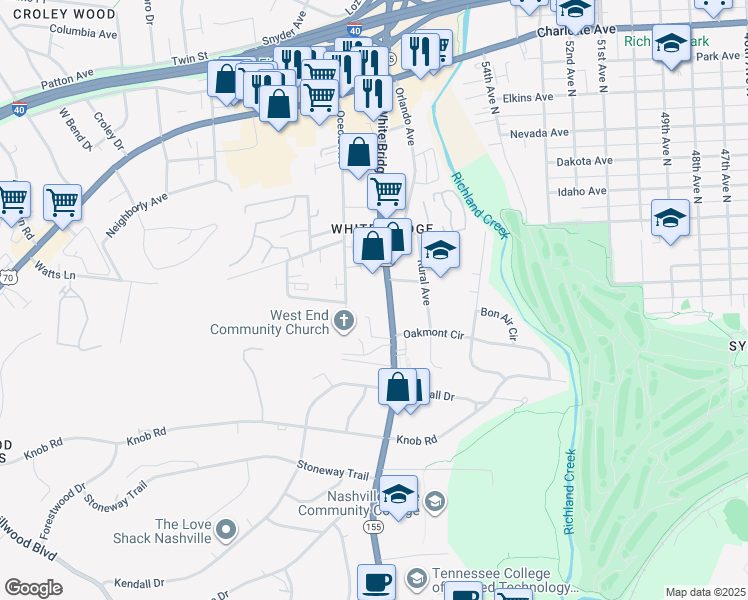 map of restaurants, bars, coffee shops, grocery stores, and more near 102C Oceola Avenue in Nashville