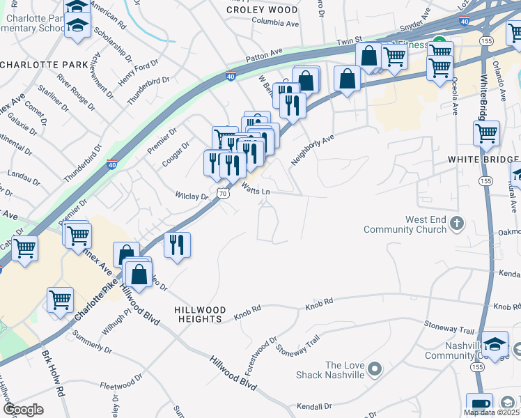 map of restaurants, bars, coffee shops, grocery stores, and more near 913 Watts Circle in Nashville