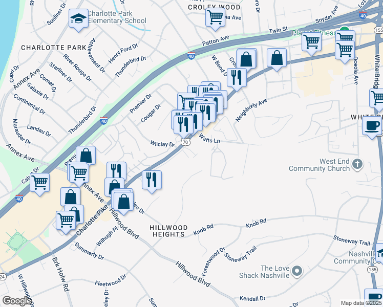 map of restaurants, bars, coffee shops, grocery stores, and more near 6415 Charlotte Road Circle in Nashville