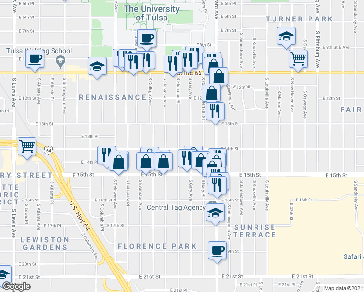 map of restaurants, bars, coffee shops, grocery stores, and more near 1348 South Gary Avenue in Tulsa