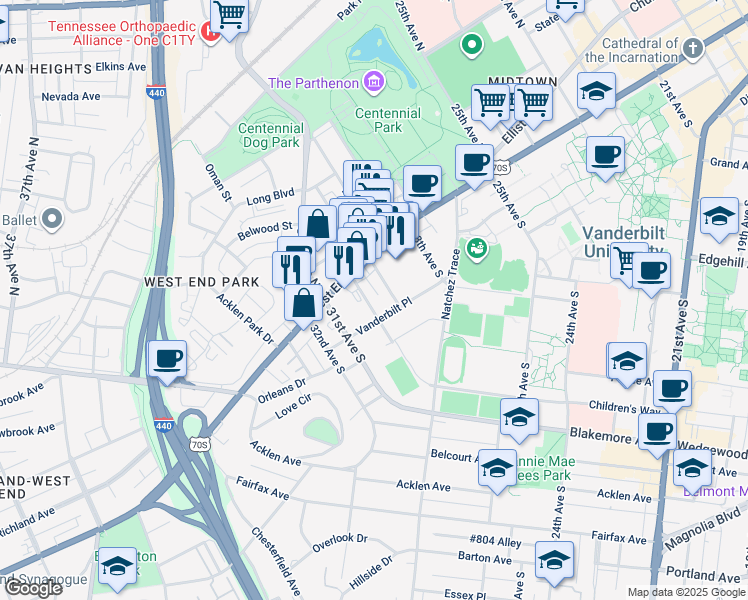 map of restaurants, bars, coffee shops, grocery stores, and more near 118 30th Avenue South in Nashville