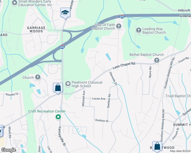 map of restaurants, bars, coffee shops, grocery stores, and more near 1519 Lees Chapel Road in Greensboro