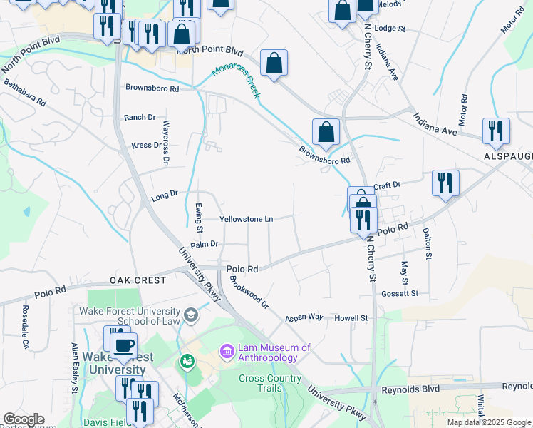 map of restaurants, bars, coffee shops, grocery stores, and more near 705 Yellowstone Lane in Winston-Salem