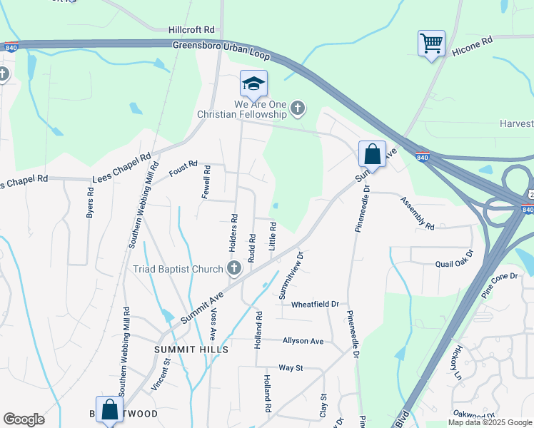 map of restaurants, bars, coffee shops, grocery stores, and more near 4718 Little Road in Greensboro