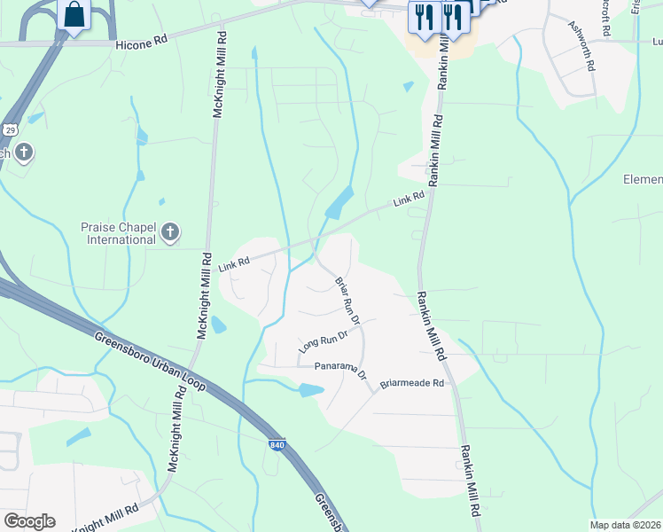 map of restaurants, bars, coffee shops, grocery stores, and more near 1944 Briar Run Drive in Greensboro