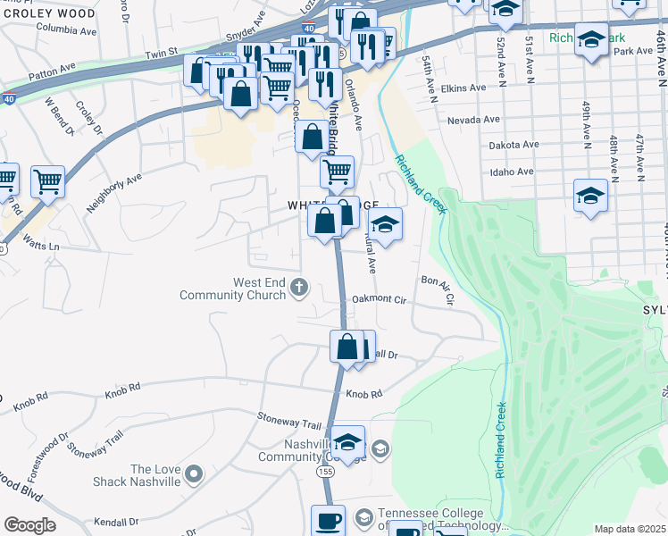 map of restaurants, bars, coffee shops, grocery stores, and more near 261 White Bridge Pike in Nashville