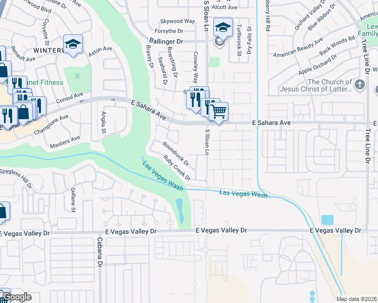 map of restaurants, bars, coffee shops, grocery stores, and more near 5730 Coleridge Way in Las Vegas
