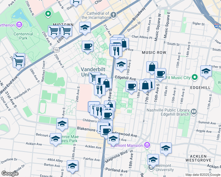 map of restaurants, bars, coffee shops, grocery stores, and more near in Nashville