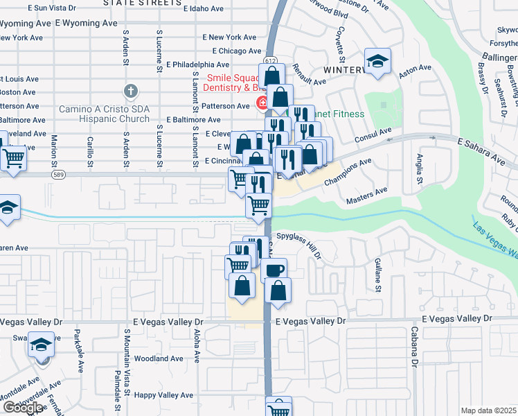 map of restaurants, bars, coffee shops, grocery stores, and more near 2599 S Nellis Blvd in Las Vegas