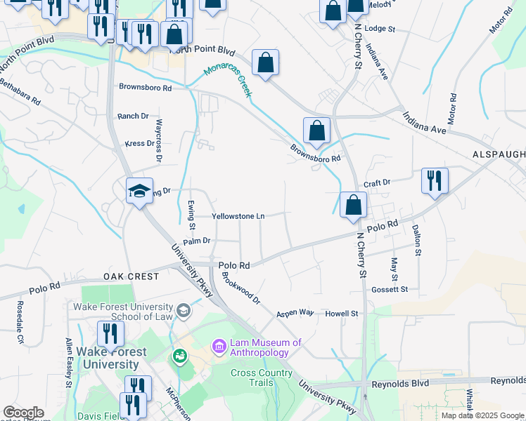 map of restaurants, bars, coffee shops, grocery stores, and more near 695 Yellowstone Lane in Winston-Salem