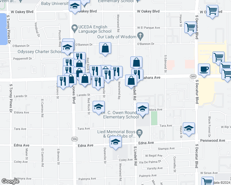 map of restaurants, bars, coffee shops, grocery stores, and more near 2585 Westwind Road in Las Vegas