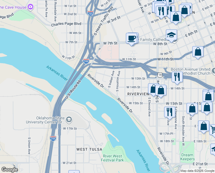 map of restaurants, bars, coffee shops, grocery stores, and more near 1365 Riverside Drive in Tulsa
