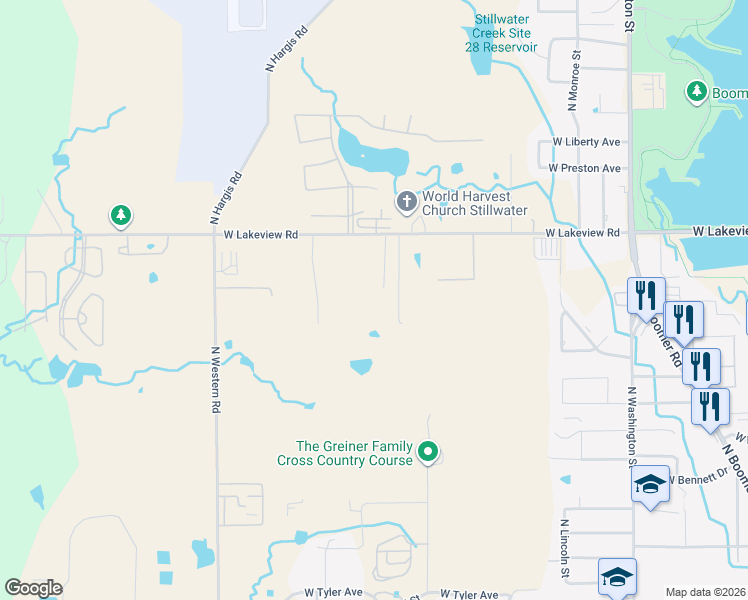 map of restaurants, bars, coffee shops, grocery stores, and more near 1723 West Lakeview Road in Stillwater