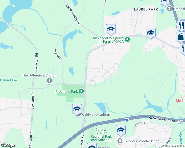 map of restaurants, bars, coffee shops, grocery stores, and more near 3016 Dressage Drive in Greensboro