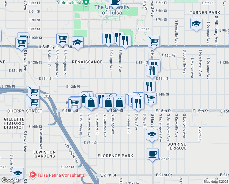 map of restaurants, bars, coffee shops, grocery stores, and more near 1343 South College Avenue in Tulsa