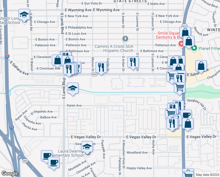 map of restaurants, bars, coffee shops, grocery stores, and more near 4555 East Sahara Avenue in Las Vegas