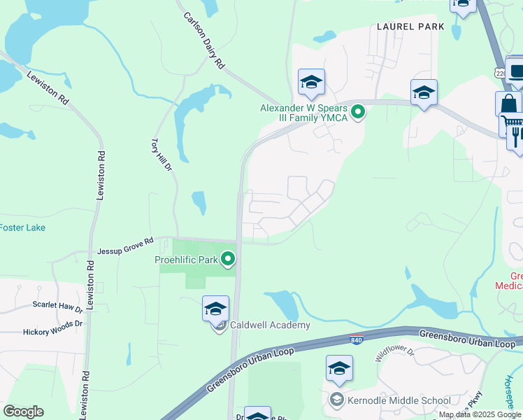 map of restaurants, bars, coffee shops, grocery stores, and more near 3018 Dressage Drive in Greensboro