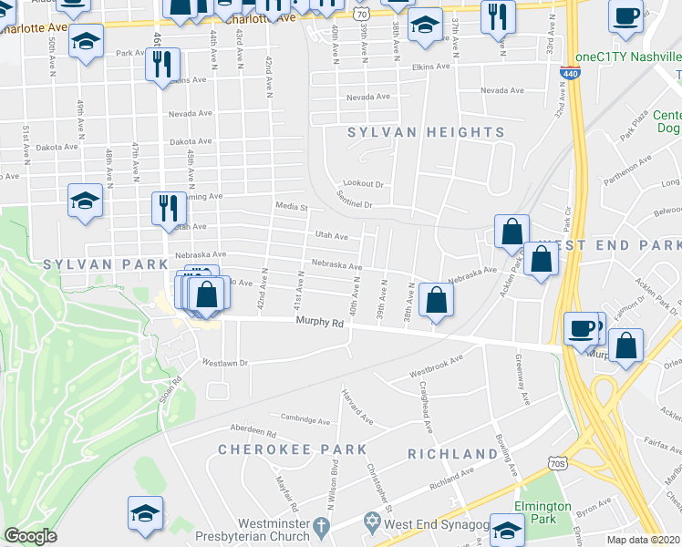 map of restaurants, bars, coffee shops, grocery stores, and more near 4007 Nebraska Avenue in Nashville
