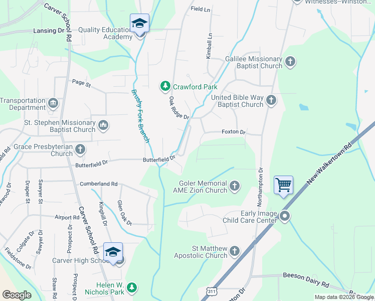 map of restaurants, bars, coffee shops, grocery stores, and more near 5117 Butterfield Drive in Winston-Salem