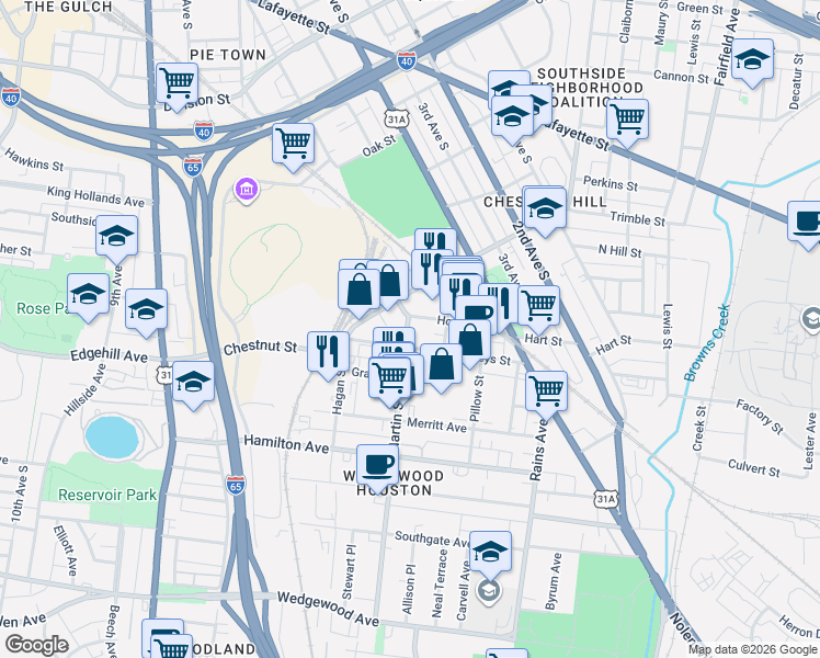 map of restaurants, bars, coffee shops, grocery stores, and more near 1210 Martin Street in Nashville