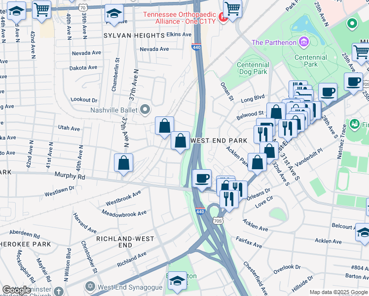 map of restaurants, bars, coffee shops, grocery stores, and more near 3500 Wrenwood Drive in Nashville
