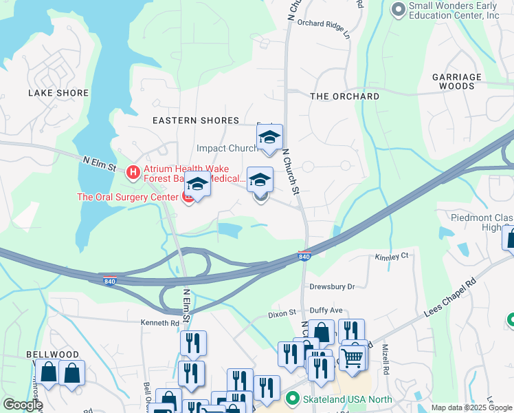 map of restaurants, bars, coffee shops, grocery stores, and more near 5400 Old Lake Jeanette Road in Greensboro