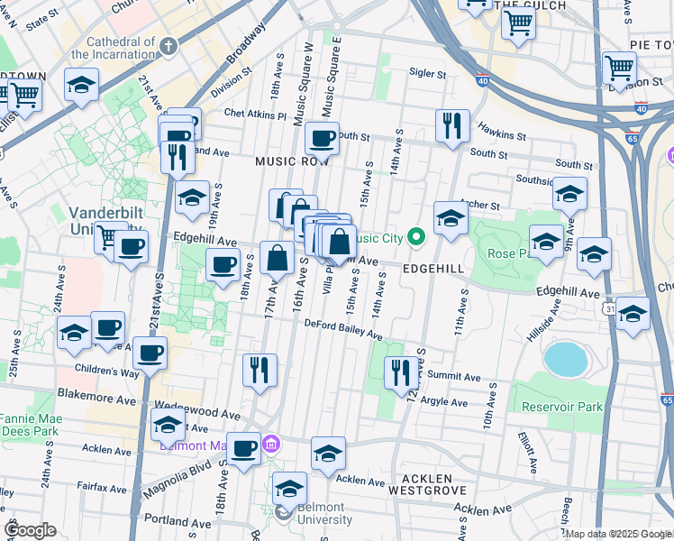 map of restaurants, bars, coffee shops, grocery stores, and more near 1200 Villa Place in Nashville