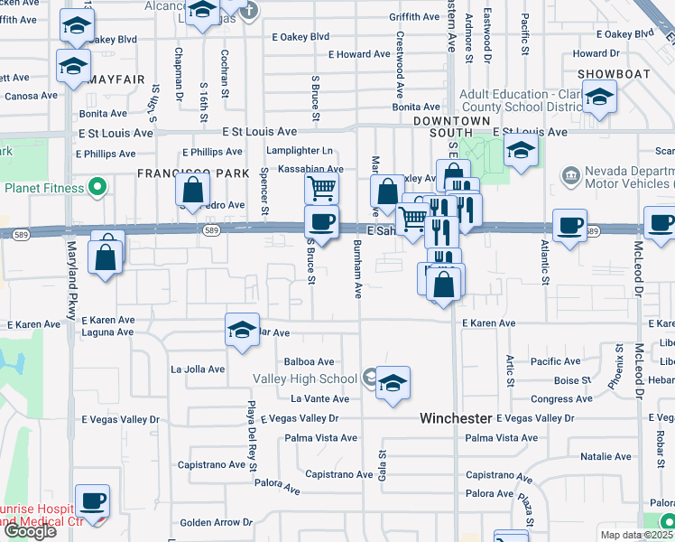 map of restaurants, bars, coffee shops, grocery stores, and more near 2077 East Sahara Avenue in Las Vegas