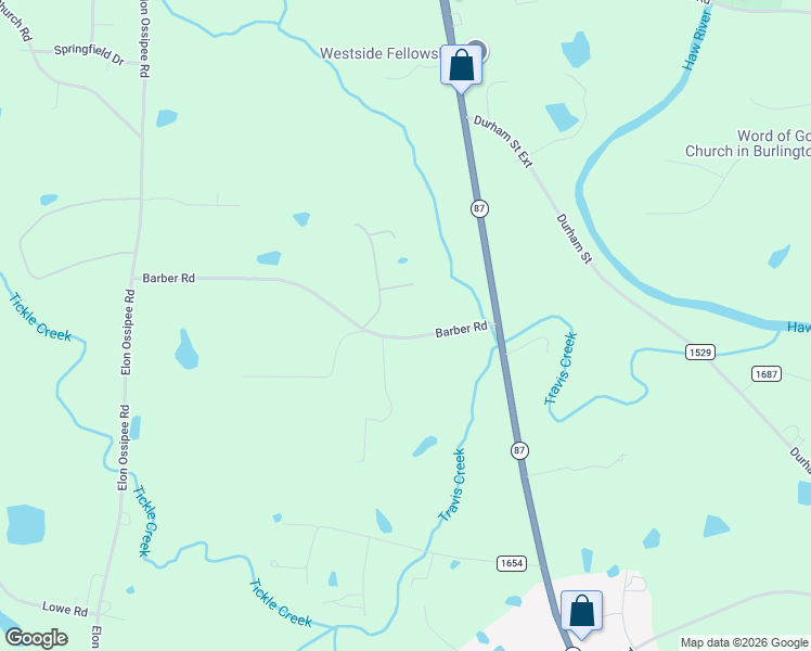 map of restaurants, bars, coffee shops, grocery stores, and more near 2377-2399 Barber Road in Elon