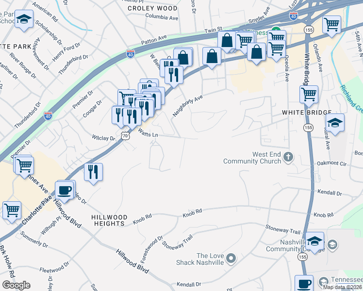 map of restaurants, bars, coffee shops, grocery stores, and more near 1210 Watts Terrace in Nashville