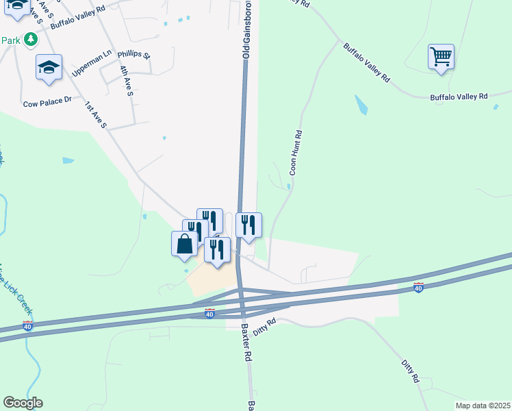 map of restaurants, bars, coffee shops, grocery stores, and more near 1870 Coon Hunt Rd in Cookeville