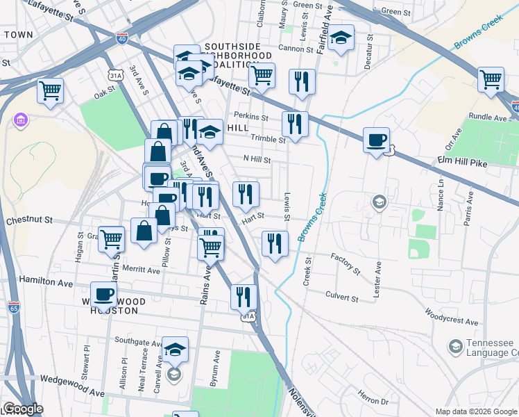 map of restaurants, bars, coffee shops, grocery stores, and more near 22 Hart Street in Nashville