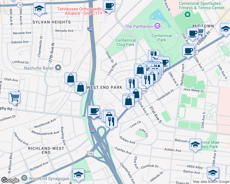 map of restaurants, bars, coffee shops, grocery stores, and more near in Nashville
