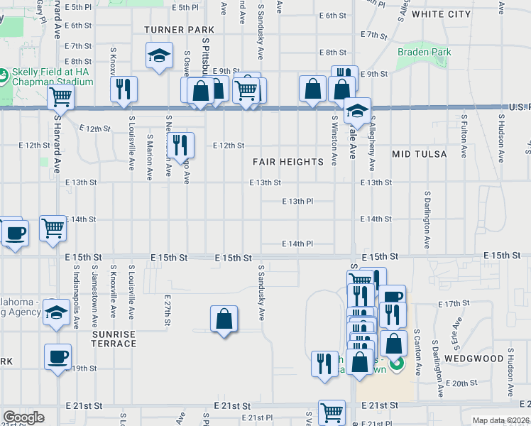 map of restaurants, bars, coffee shops, grocery stores, and more near 1347 South Sandusky Avenue in Tulsa