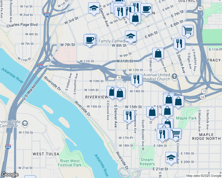 map of restaurants, bars, coffee shops, grocery stores, and more near 1328 South Denver Avenue in Tulsa