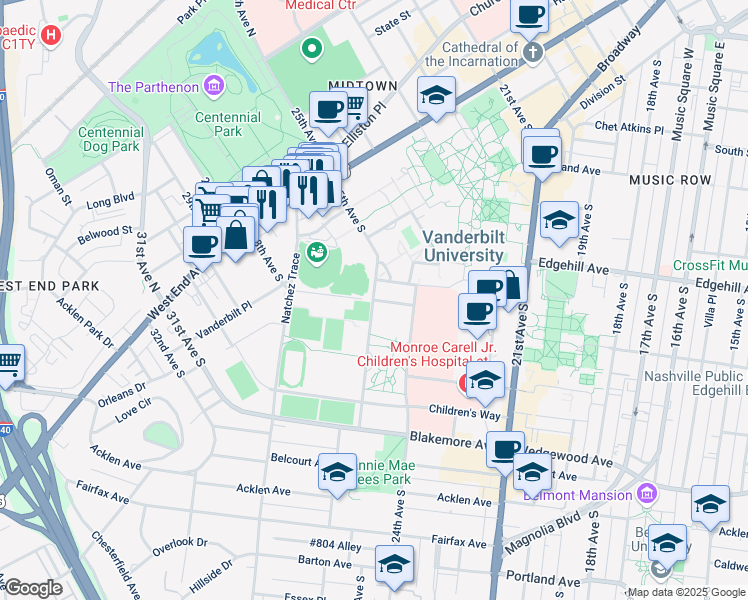 map of restaurants, bars, coffee shops, grocery stores, and more near 1212 25th Avenue South in Nashville