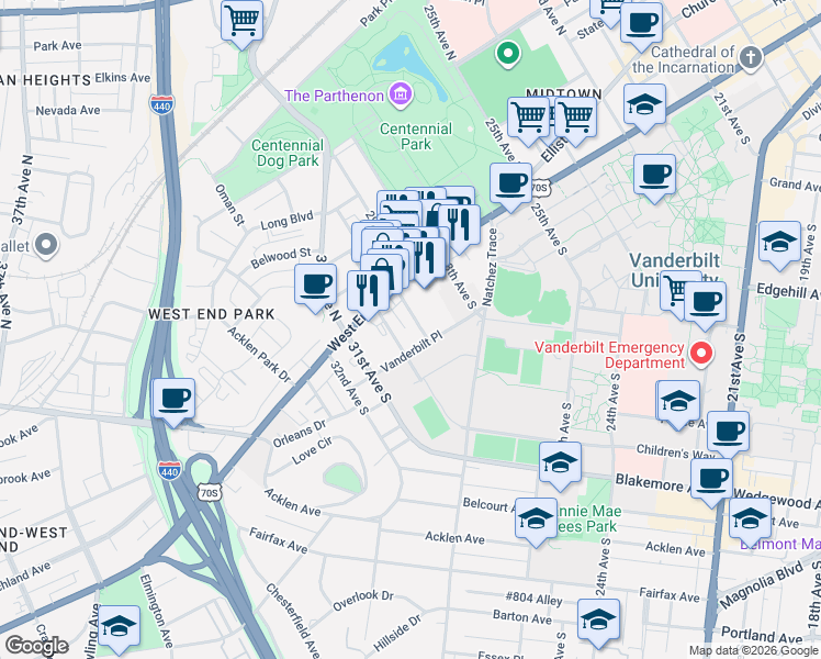 map of restaurants, bars, coffee shops, grocery stores, and more near 3000 Vanderbilt Place in Nashville