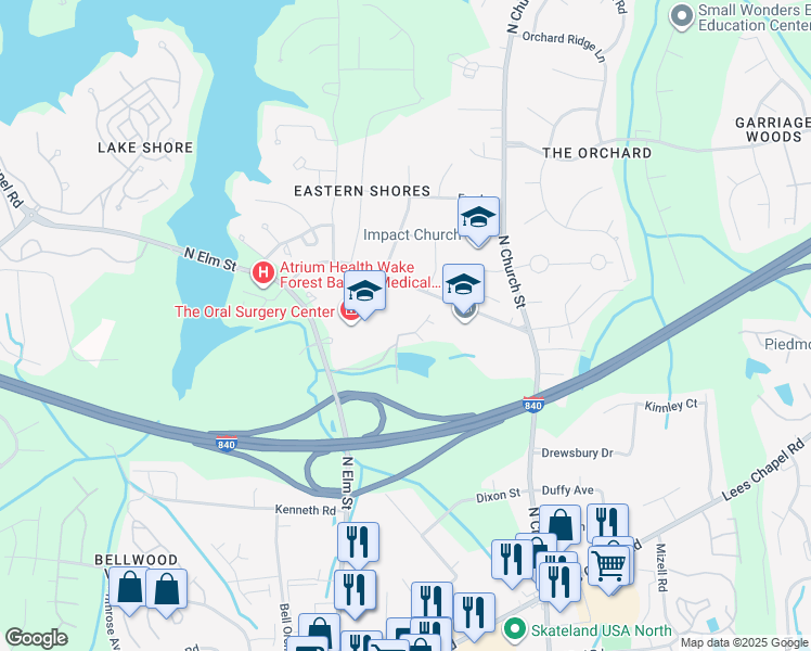 map of restaurants, bars, coffee shops, grocery stores, and more near 5400 Old Lake Jeanette Road in Greensboro