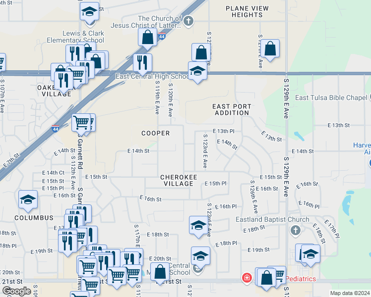 map of restaurants, bars, coffee shops, grocery stores, and more near 1409 South 121st East Avenue in Tulsa